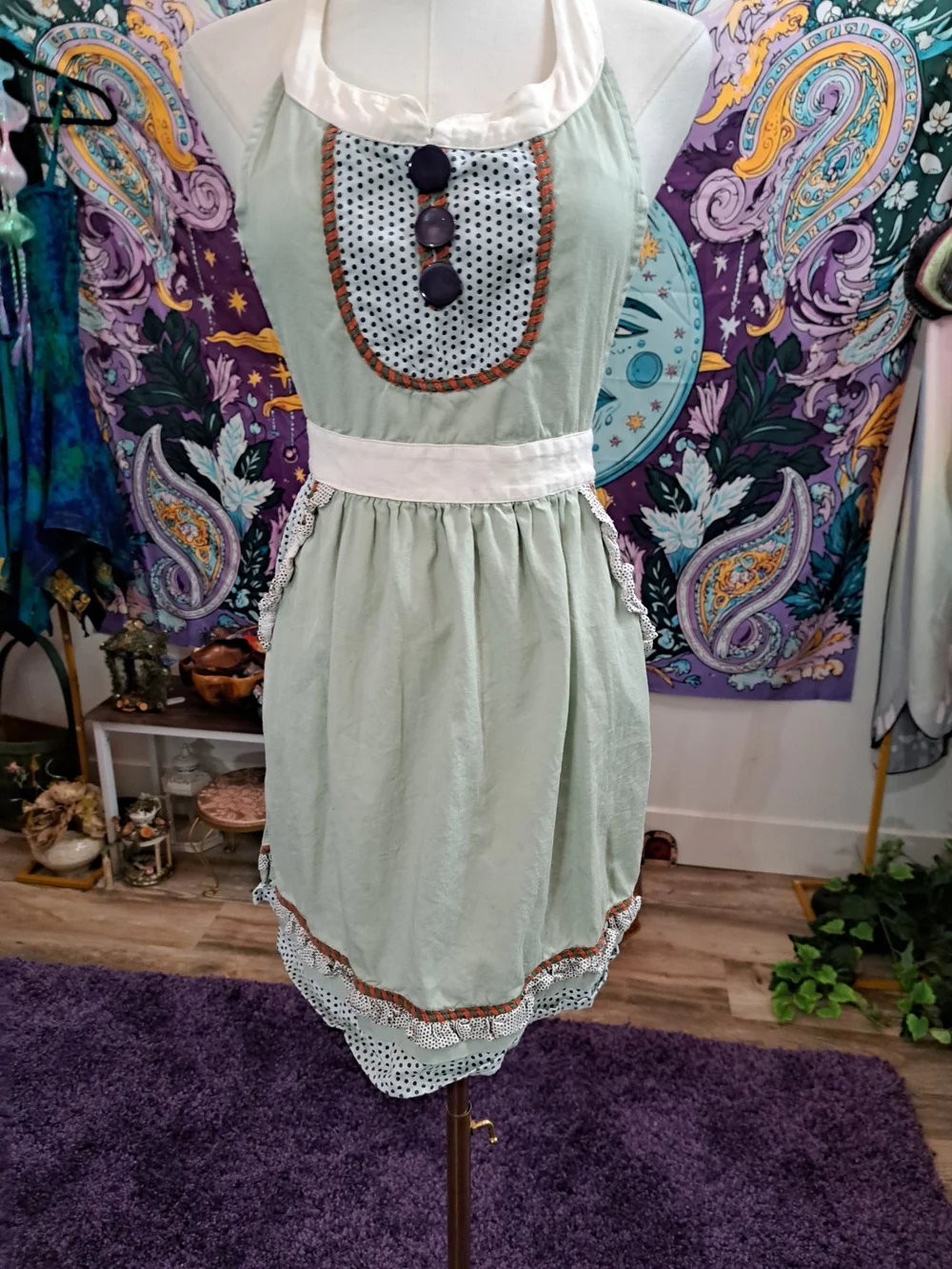Meadow Tea Party Apron | Sage Green Polka Dot Ruffle Halter Apron with Pockets